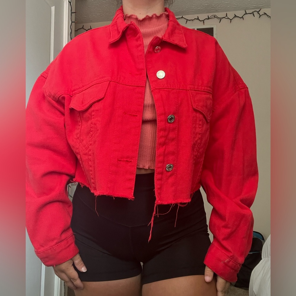 SHEIN Small Red Distressed Cropped Denim Jacket
